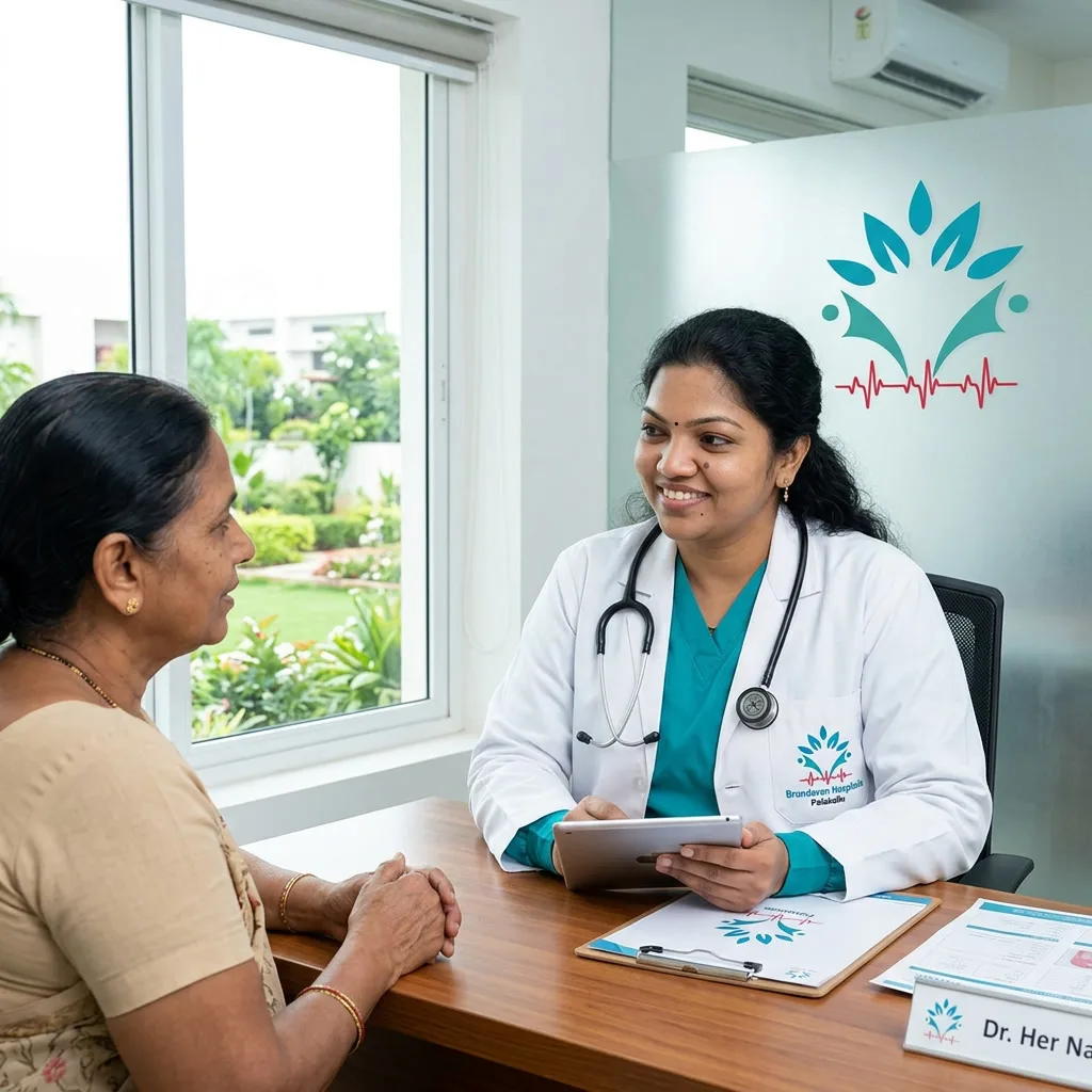 Indian female surgeon Dr. B. Manasa in scrubs and white coat consulting a fistula patient at Brundavan Hospitals Palakollu, warm professional interaction, bright natural lighting