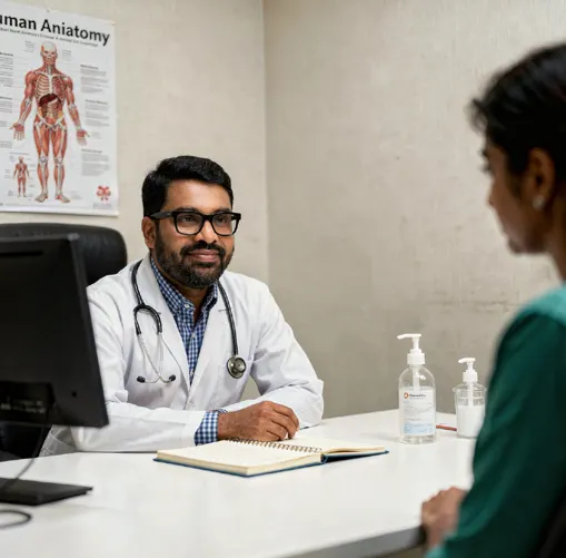 Dr. K.Y.N. Varma consulting a patient at Brundavan Hospitals Palakollu
