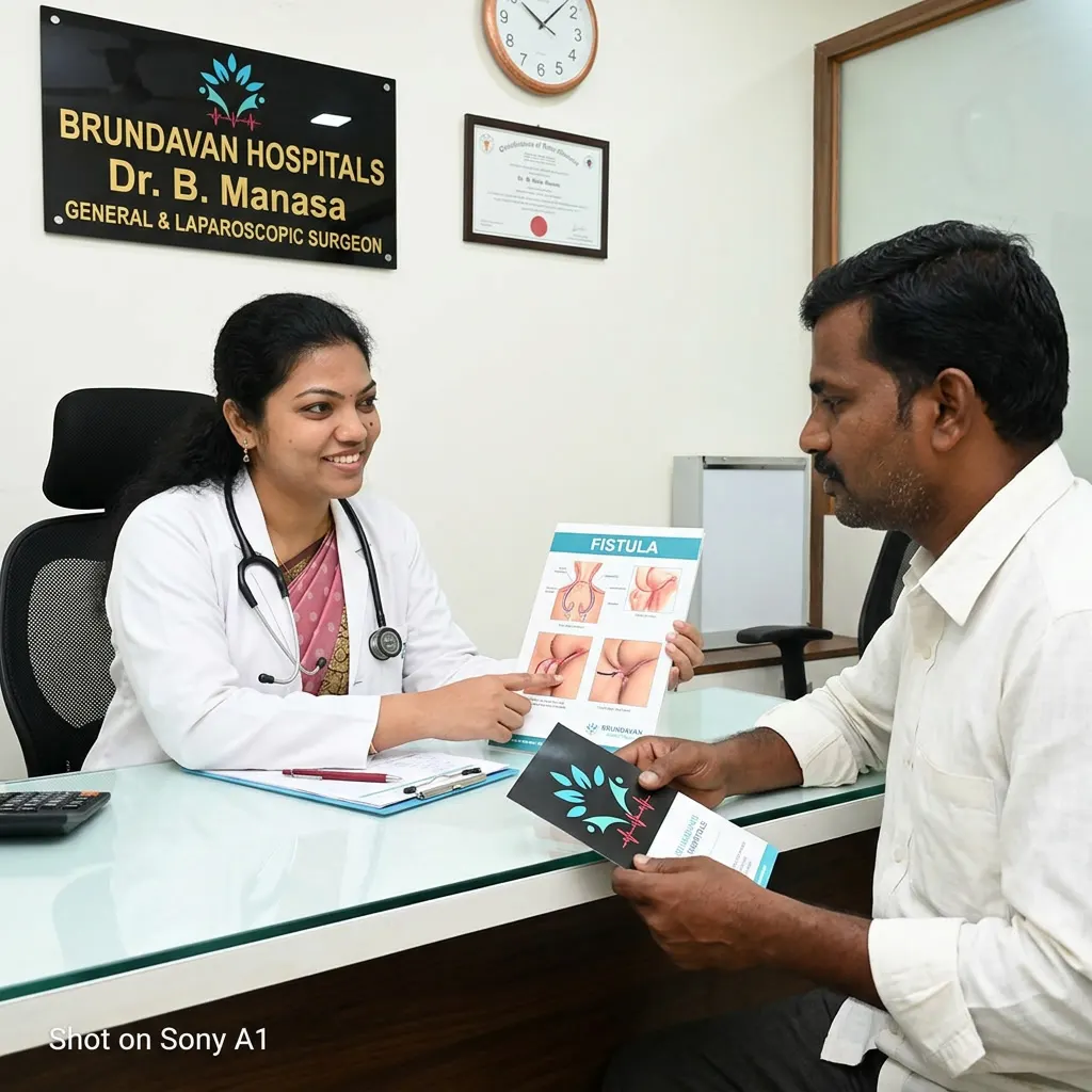 Dr._B._Manasa_General_and_Laparoscopic_Surgeon_consulting_Fistula_patient_at_Brundavan_Hospital