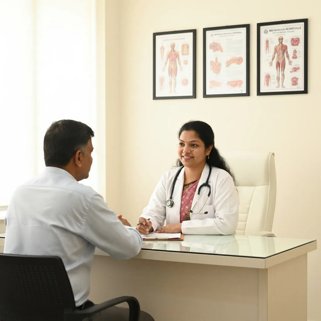 Dr. B. Manasa, best general surgeon in Palakollu, consulting a patient at Brundavan Hospitals, Jetty Tank Road, Andhra Pradesh