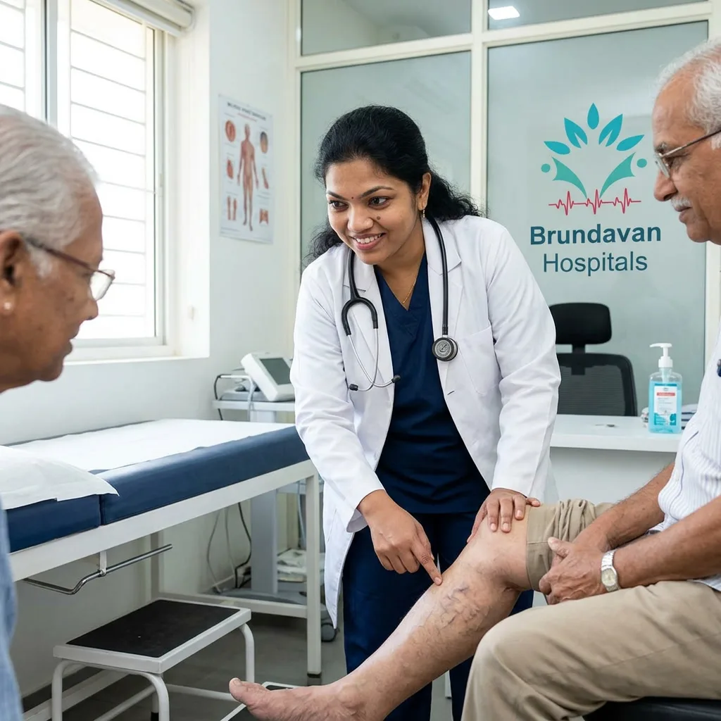 Indian female surgeon in scrubs and white coat consulting a patient about varicose veins in a clean, modern clinic room at Brundavan Hospitals, Palakollu, warm and professional interaction, bright natural lighting, realistic photography style