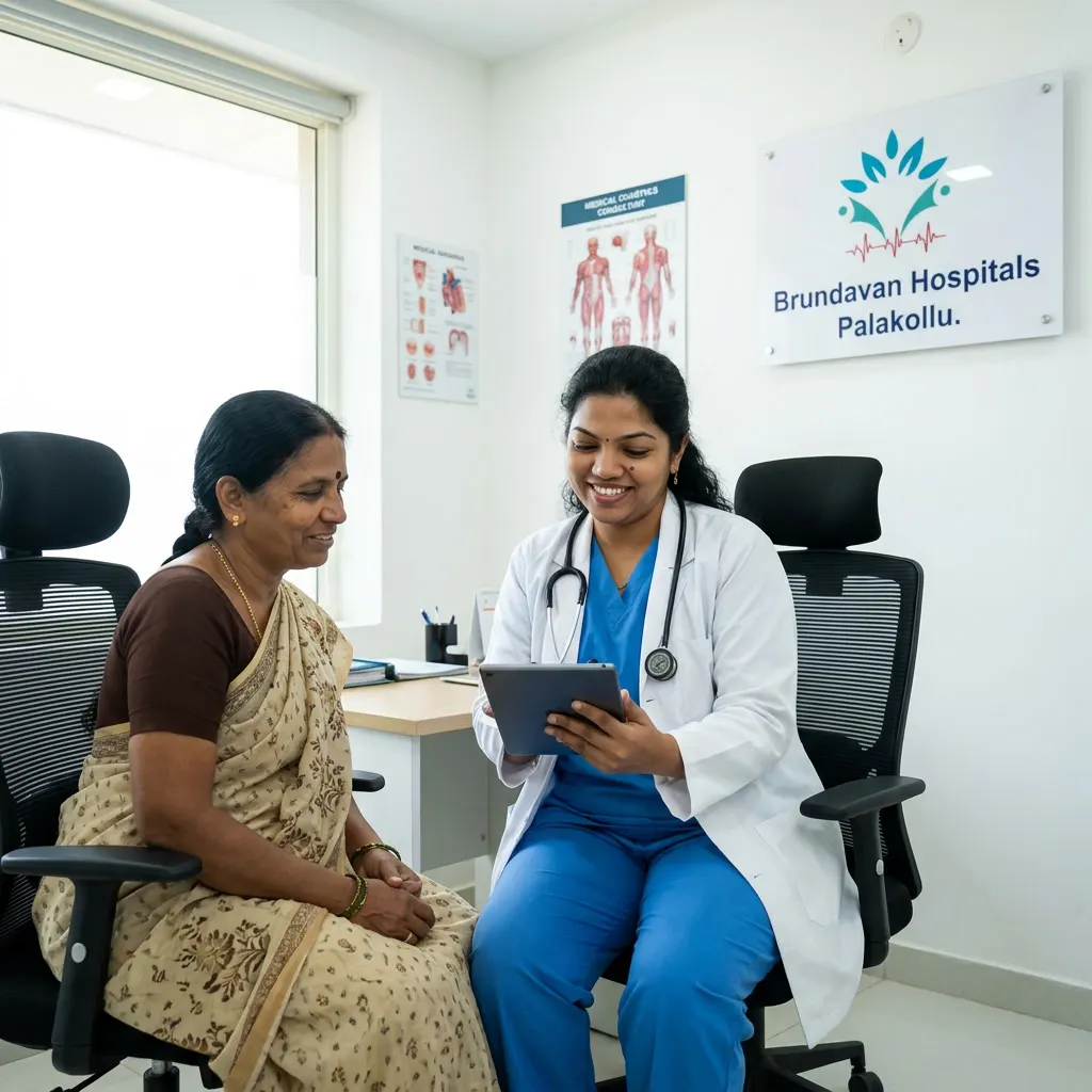 Dr. B. Manasa, General and Laparoscopic Surgeon in Palakollu, consulting a patient about tubectomy at Brundavan Hospitals, warm professional interaction, bright natural lighting