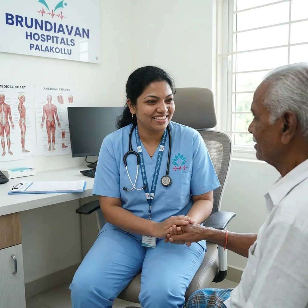 Dr. B. Manasa MBBS MS reviewing ultrasound results showing uterine fibroids with a patient at Brundavan Hospitals, Jetty Tank Road, Palakollu