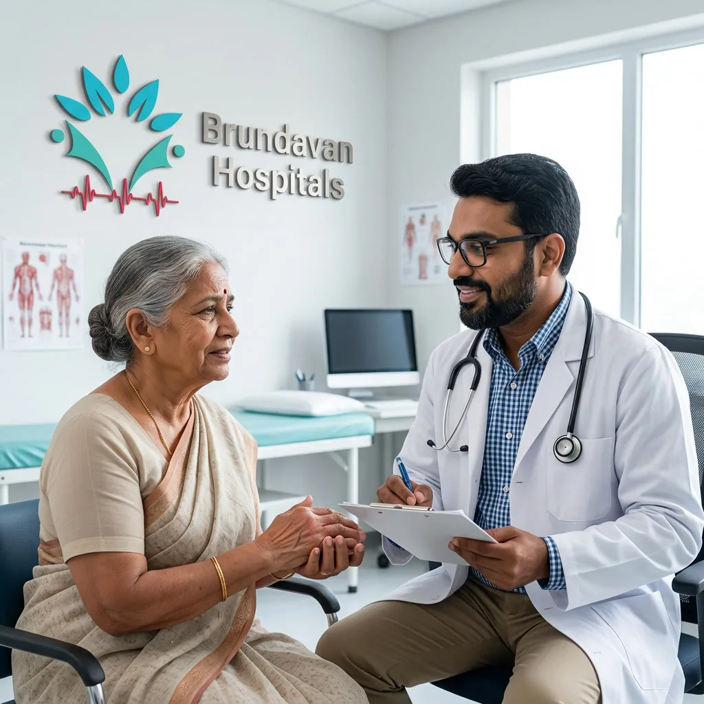 doctor consulting Arthritis patient in a clean modern clinic at Brundavan Hospitals Palakollu