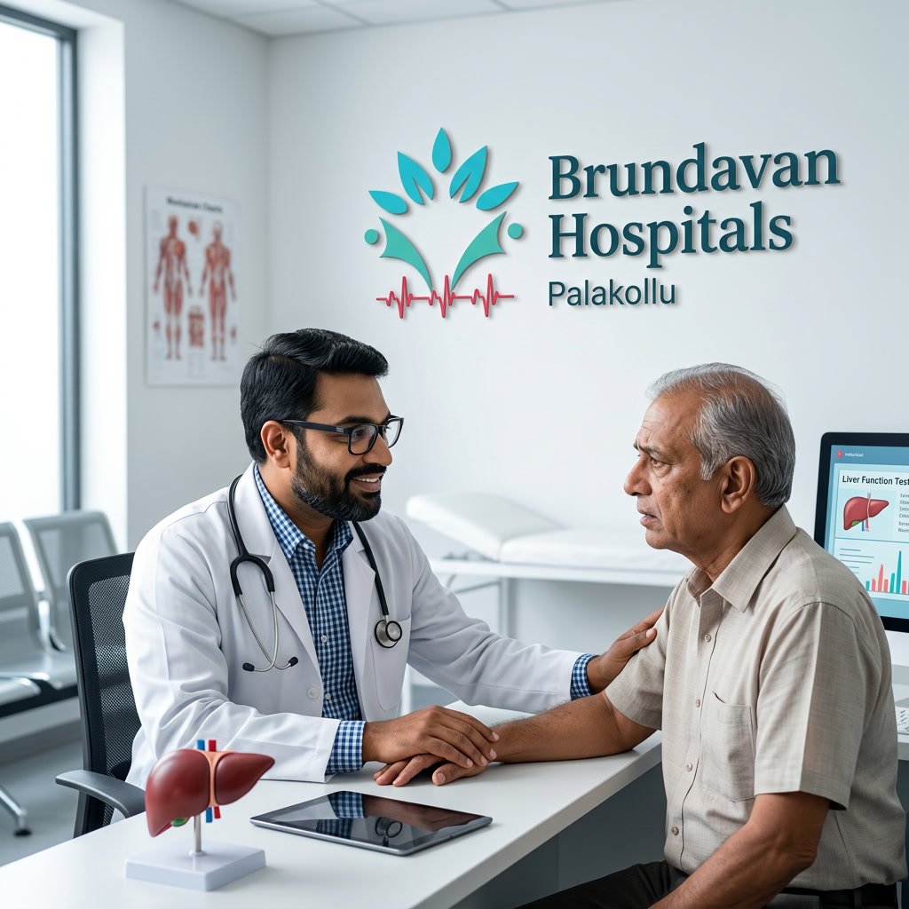 doctor consulting Liver patient in a clean modern clinic at Brundavan Hospitals Palakollu