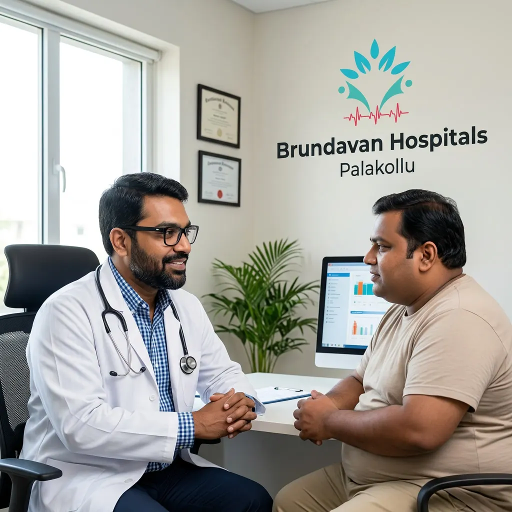 doctor consulting Obesity patient in a clean modern clinic at Brundavan Hospitals Palakollu