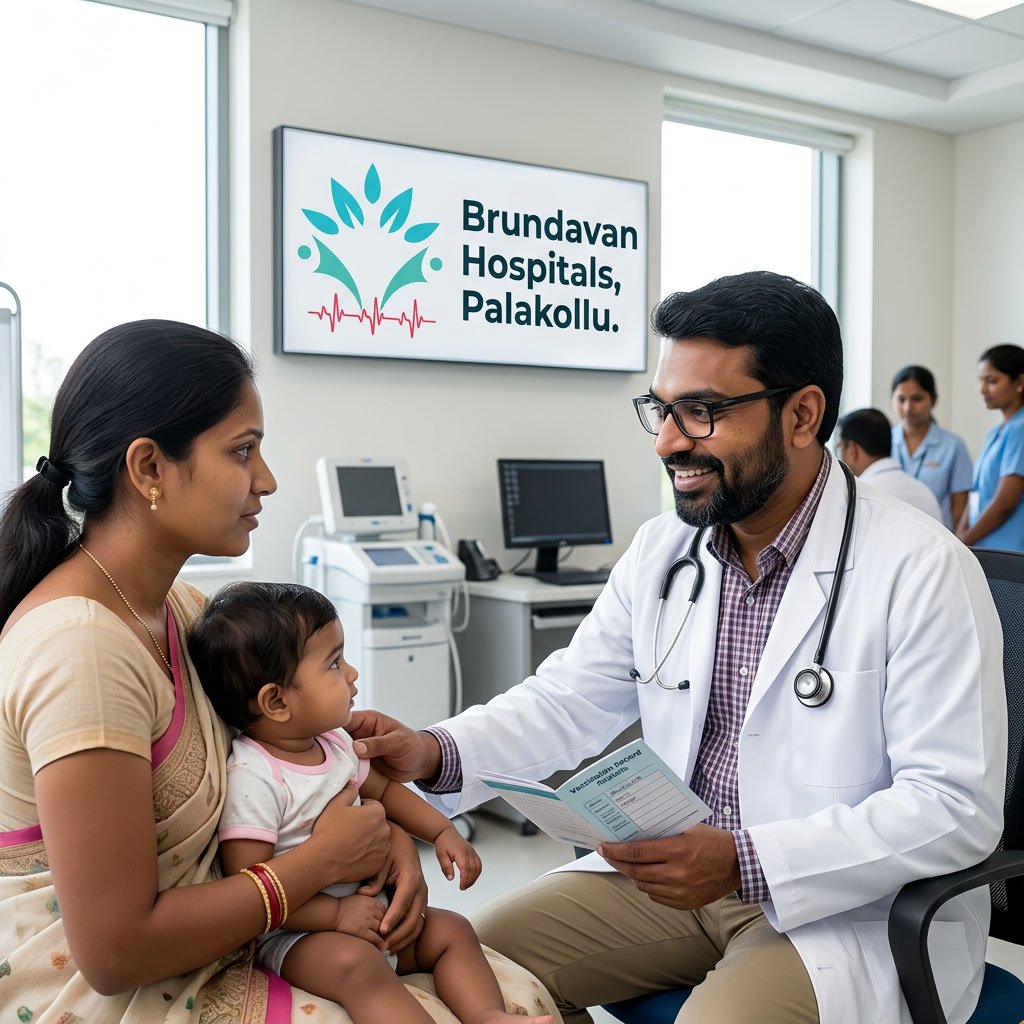 doctor consulting Vaccination patient in a clean modern clinic at Brundavan Hospitals Palakollu