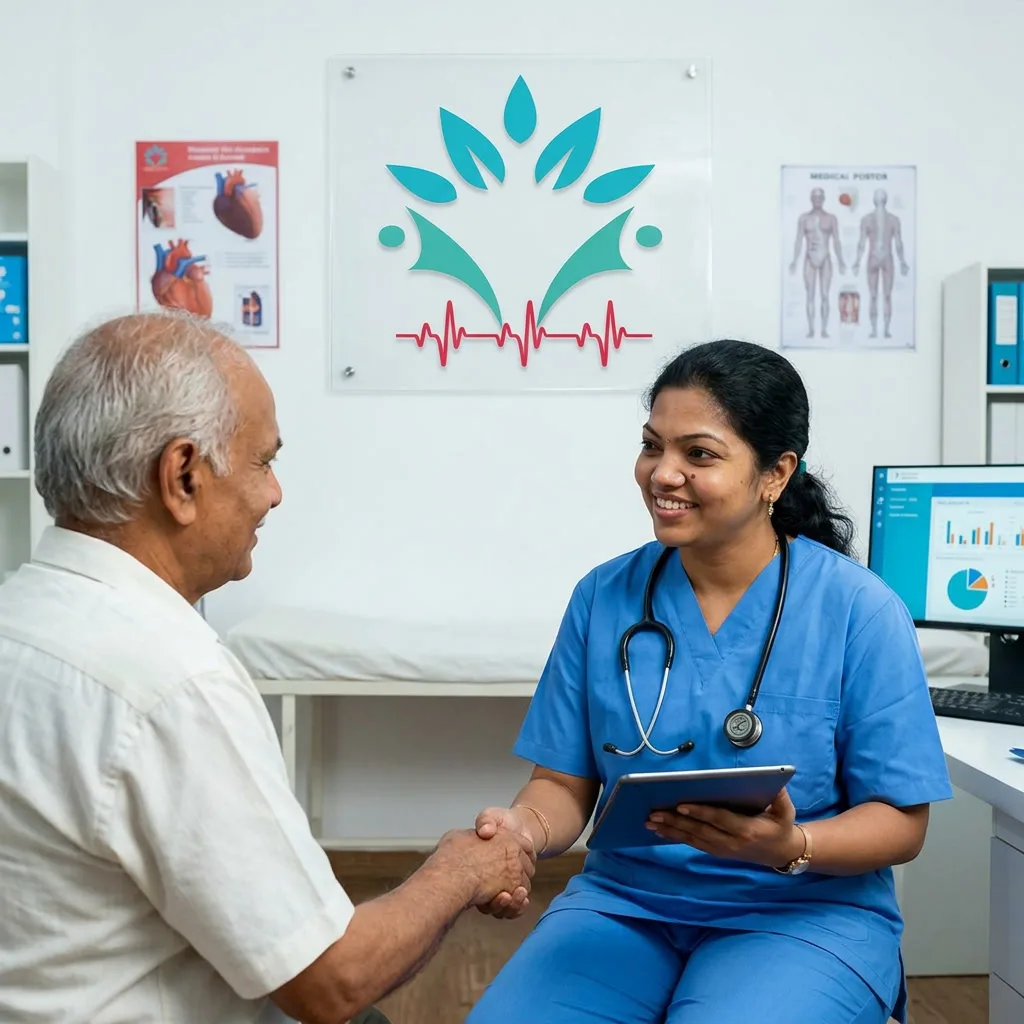 Indian female surgeon in scrubs and white coat consulting a patient in a clean modern clinic room, warm and professional interaction, bright natural lighting"